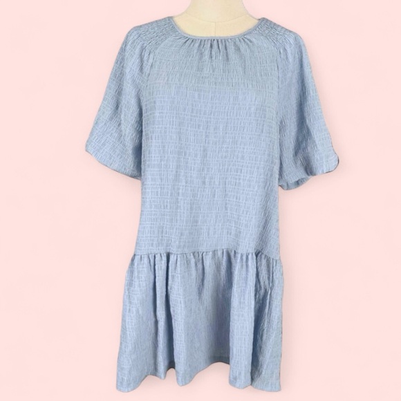 NWT Steve Madden Blue Short Sleeve Gathered Neckline Tiered Skirt Abrah Dress M - Picture 2 of 15